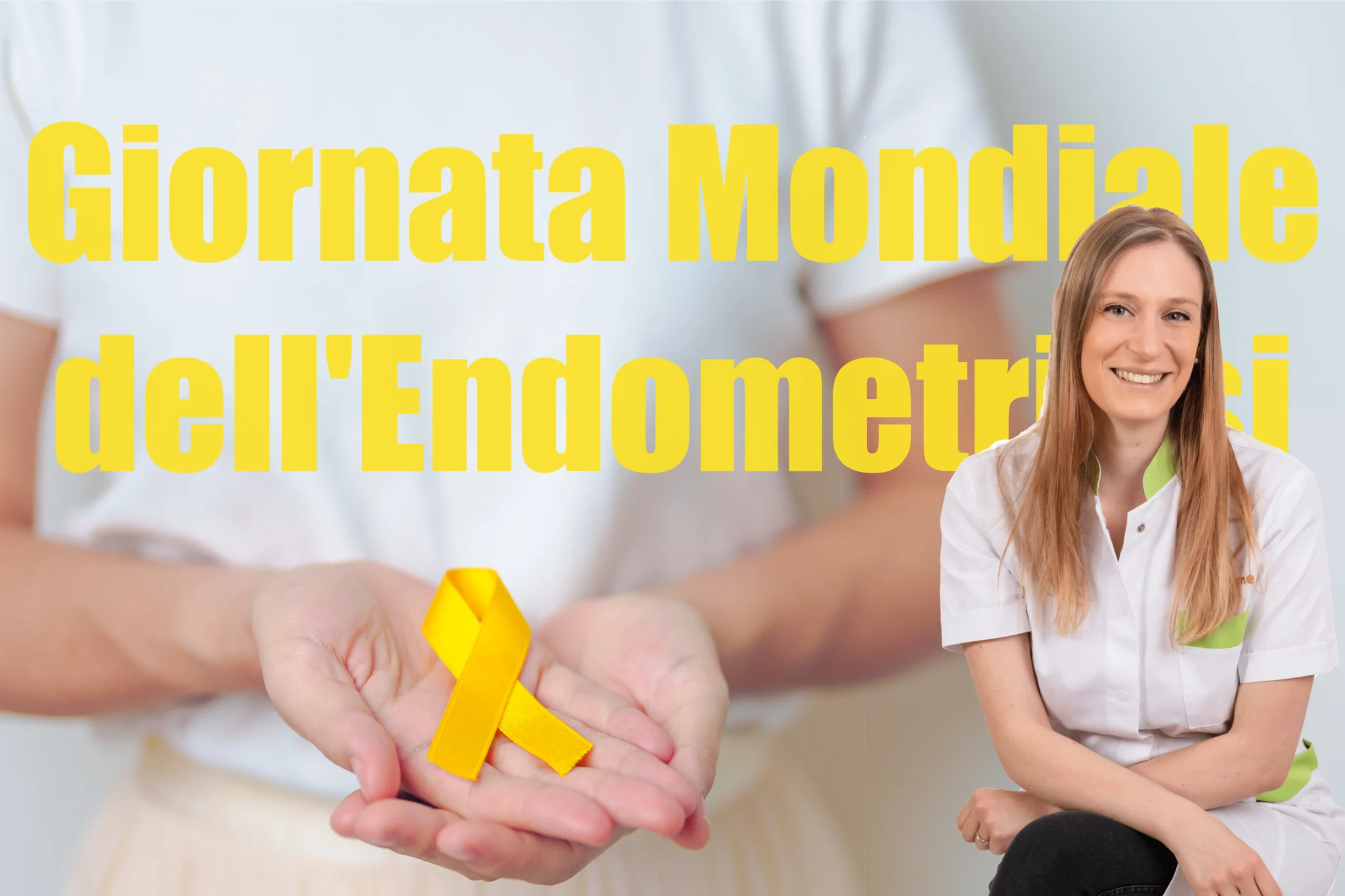 Sullo sfondo c'&egrave; una donna che tiene nelle mani un fiocco giallo e a destra l'immagine di una dottoressa per la giornata mondiale dell'endometriosi